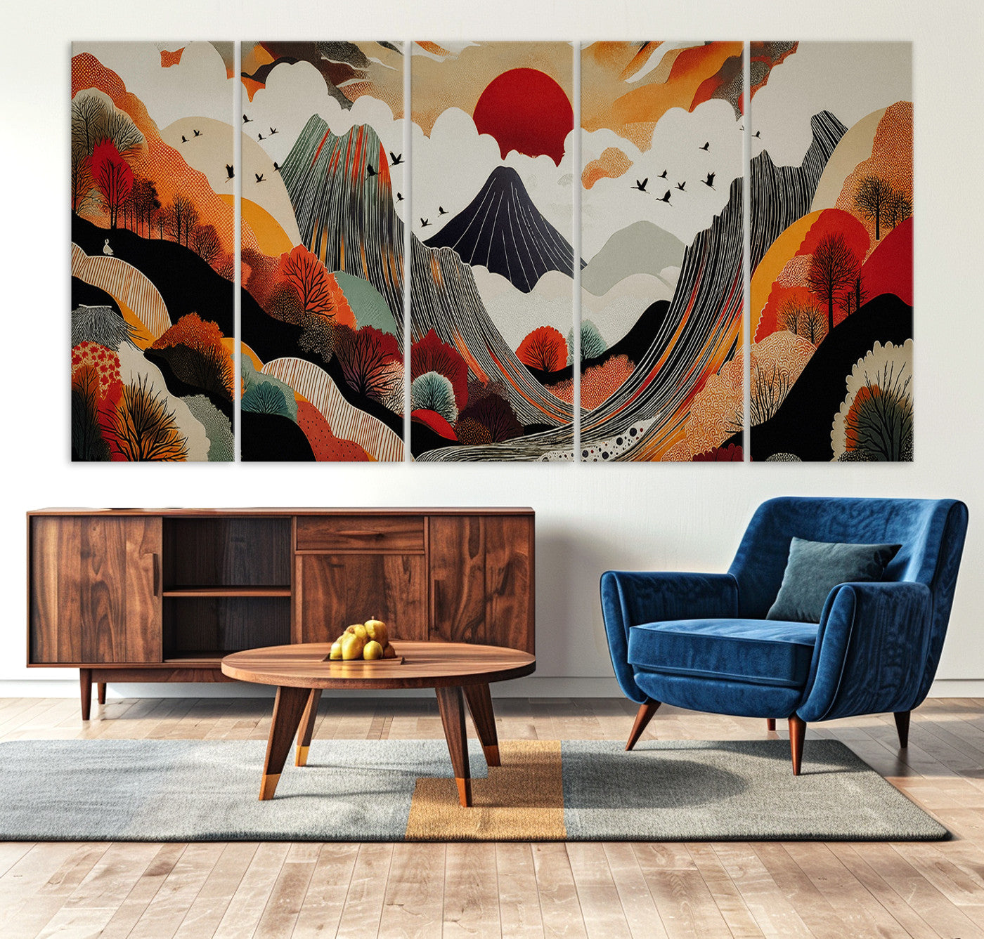 Abstract Mountain Wall Art Canvas Print, Vibrant Landscape Print, Framed Stylized Nature Drawing Art Print, Large Sunset Mountains Printing Perfect for Contemporary Minimalist Decor