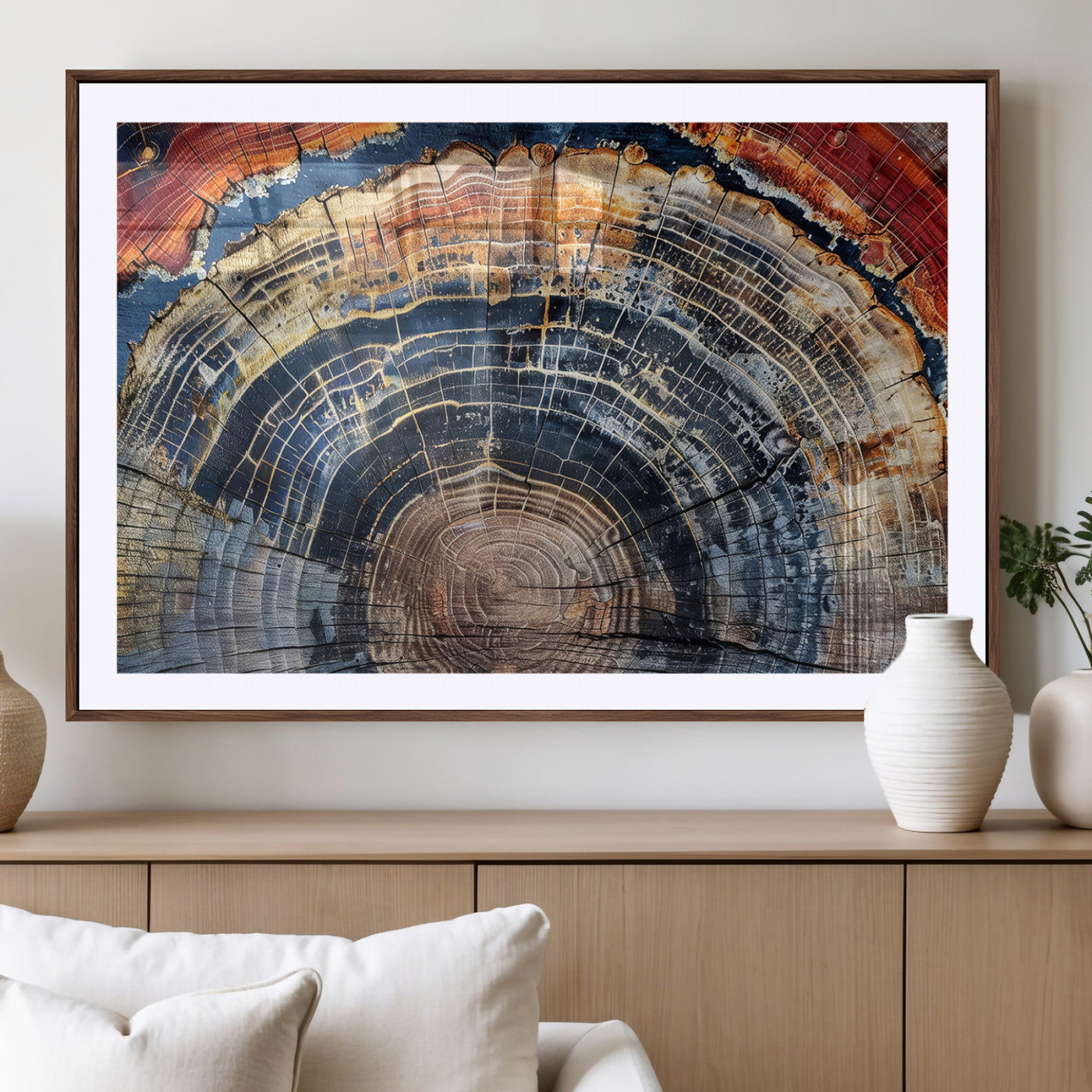 Vibrant tree ring with orange, brown, and blue tones in abstract detail, perfect for rustic or boho-inspired wall decor.