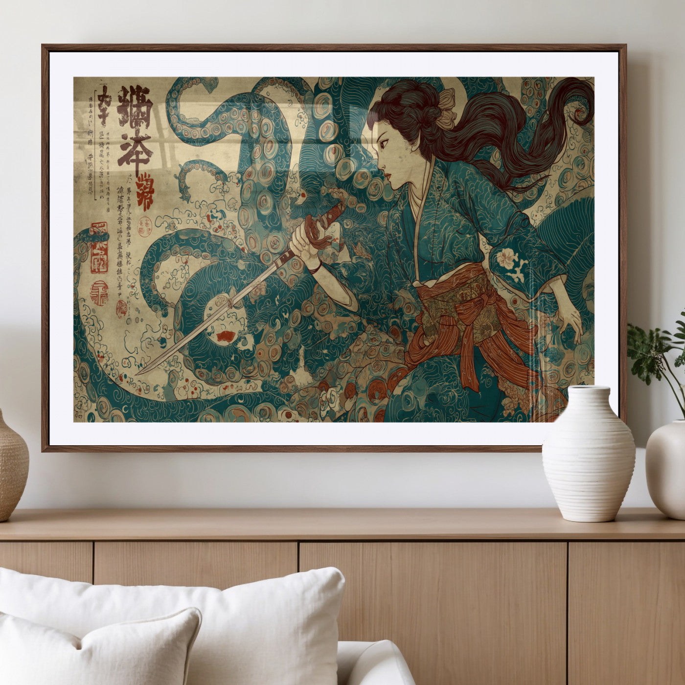 Tsukioka Yoshitoshi Samurai Wall Art Print, Japanese Katana Warrior Canvas Wall Art, Octopus Sea Monster Canvas Print,
