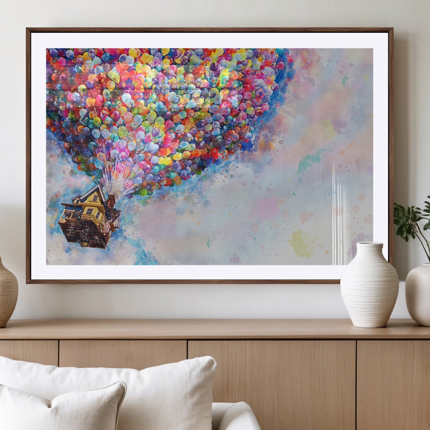 Whimsical canvas of the house from the movie Up flying with colorful balloons, ideal for Pixar or animation-themed decor.