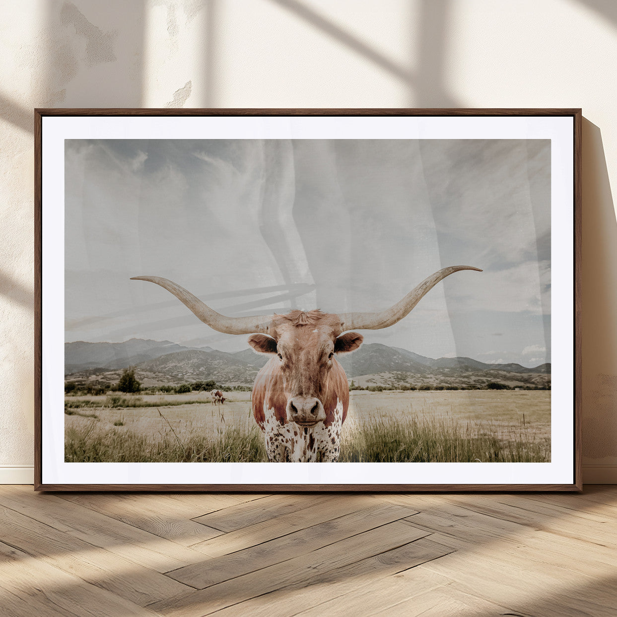 Longhorn Wall Art Print - Western Cow Canvas Print, featuring a majestic Texas longhorn in a rustic prairie setting, perfect for farmhouse and western decor.