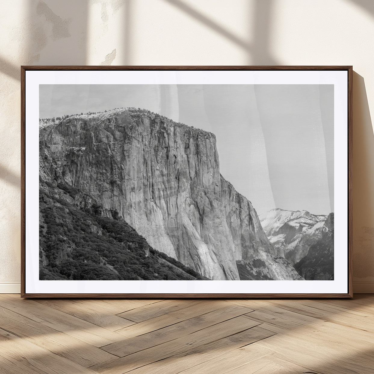 Monochrome canvas of El Capitan’s granite wall in Yosemite with snowy peaks, ideal for dramatic mountain or black-and-white nature decor.
