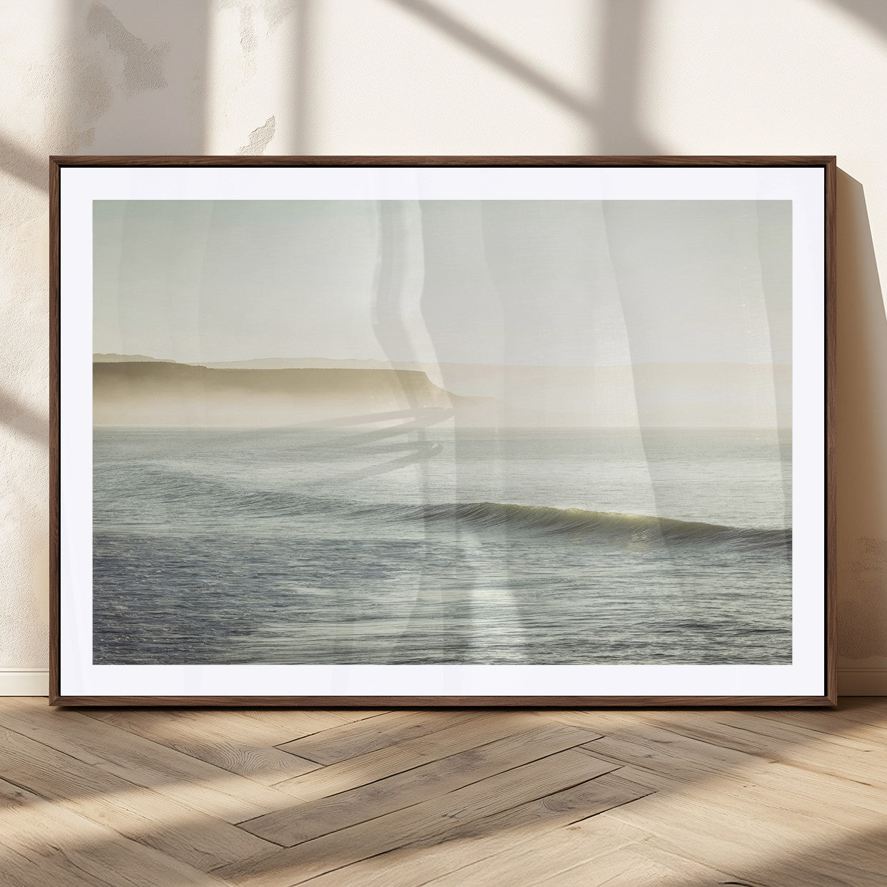 Canvas of a misty ocean scene with coastal cliffs and soft neutral tones, ideal for Scandinavian coastal or minimalist nature-inspired home decor.
