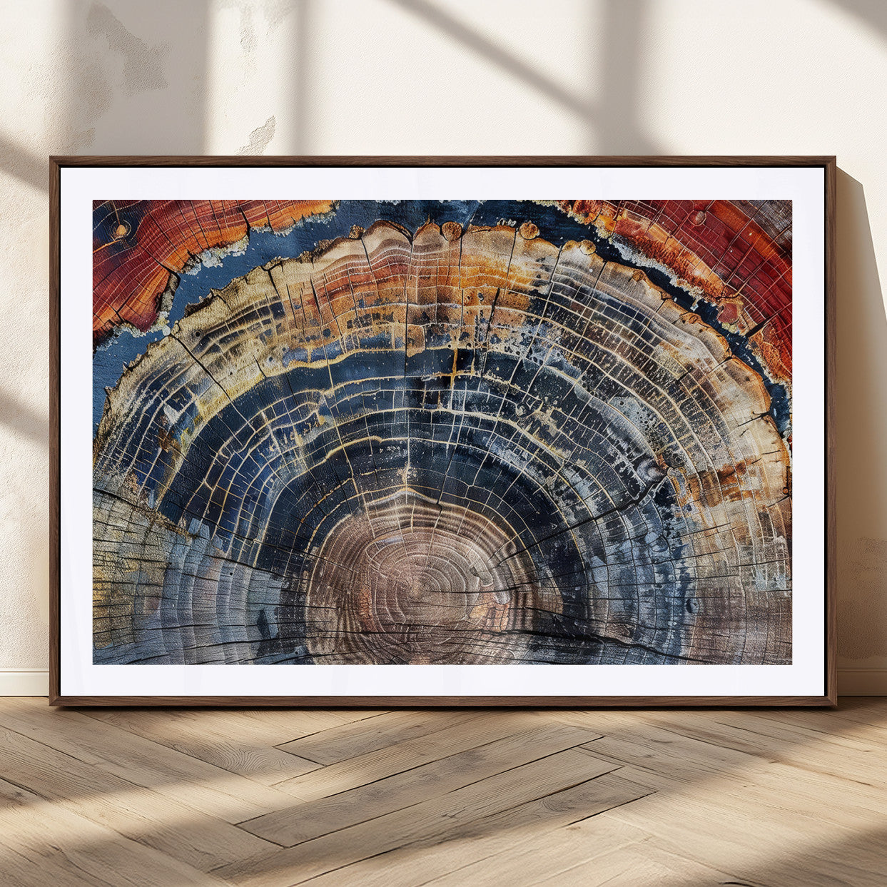 Vibrant tree ring with orange, brown, and blue tones in abstract detail, perfect for rustic or boho-inspired wall decor.