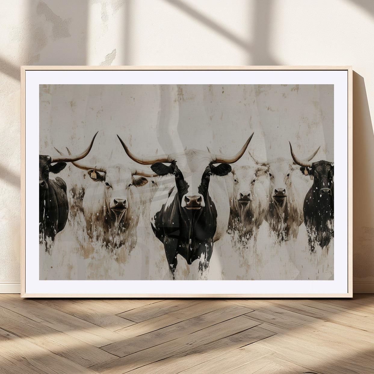 Illustrated herd of longhorn cattle in black and white tones with a neutral textured background, perfect for rustic or farmhouse-style decor.