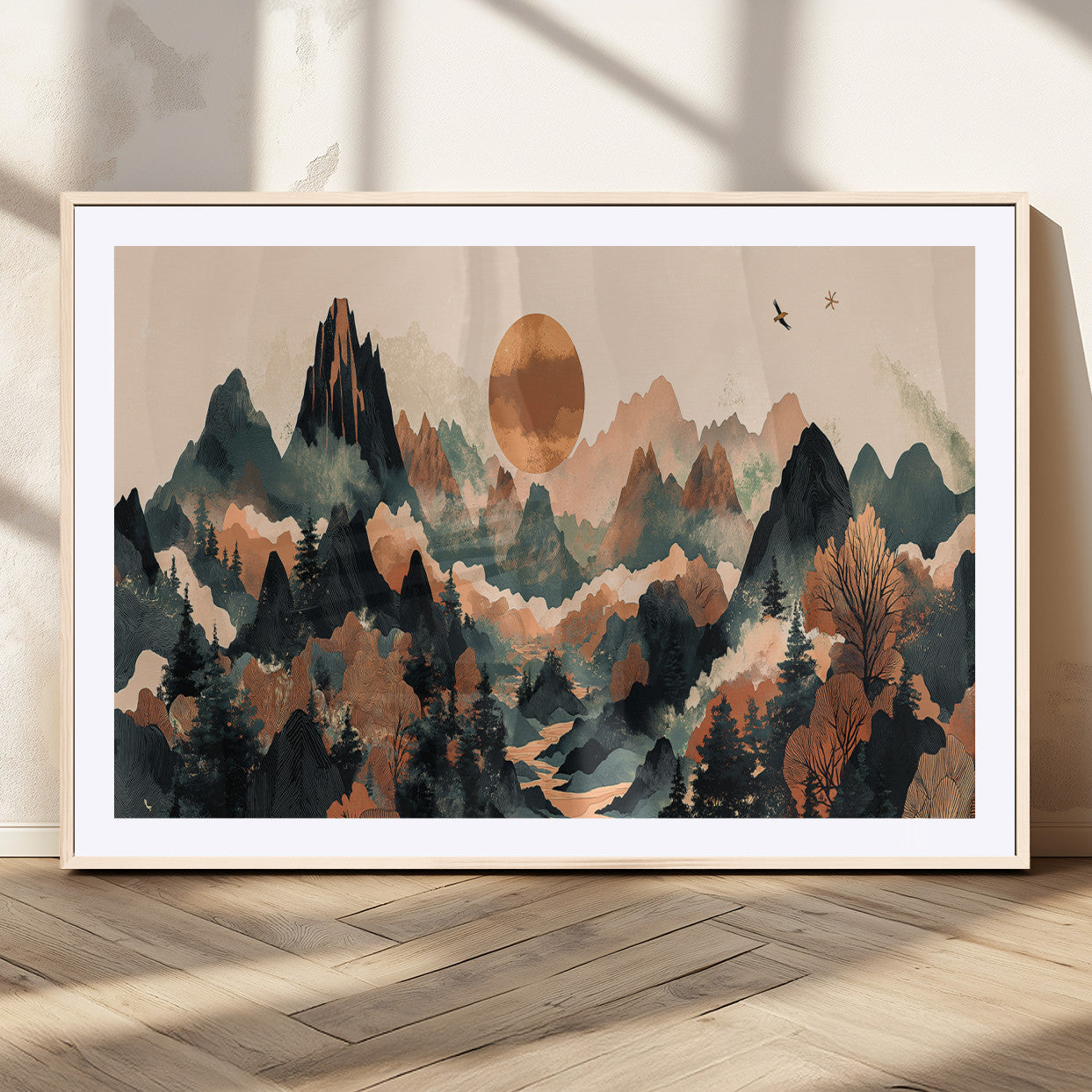 Mountain Landscape Wall Art Print - Sunset Hills Canvas Print, featuring an abstract nature scene with earthy tones and misty peaks, perfect for boho and modern decor.