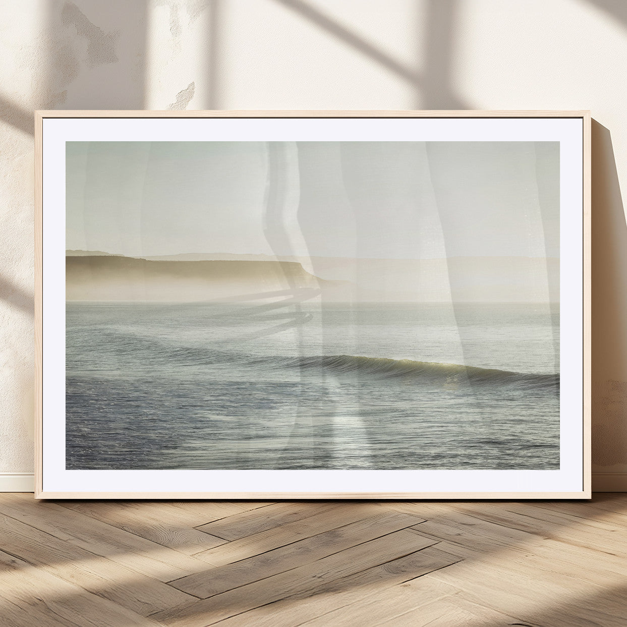 Canvas of a misty ocean scene with coastal cliffs and soft neutral tones, ideal for Scandinavian coastal or minimalist nature-inspired home decor.