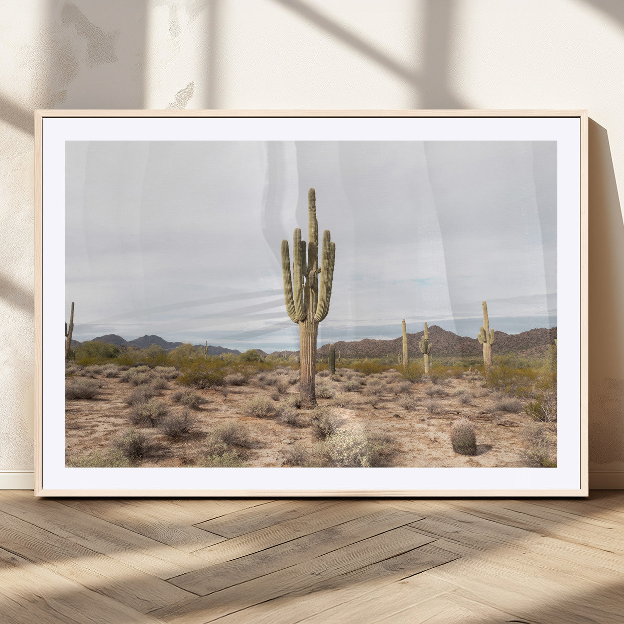 Canvas of a saguaro cactus in an earthy Sonoran desert landscape, ideal for Southwestern Boho or desert minimalism inspired home decor. 2/2