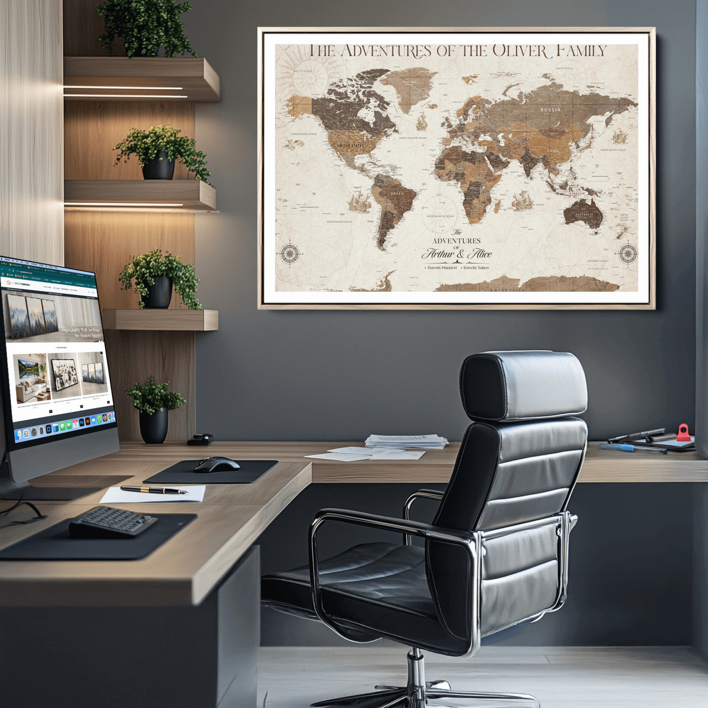 84483613-MGC-FP-36x24-Custom Push Pin World Map Wall Canvas Print – Personalized Travel Tracker with Pins – Framed Large Multi-Size Canvas for Home Office Decor