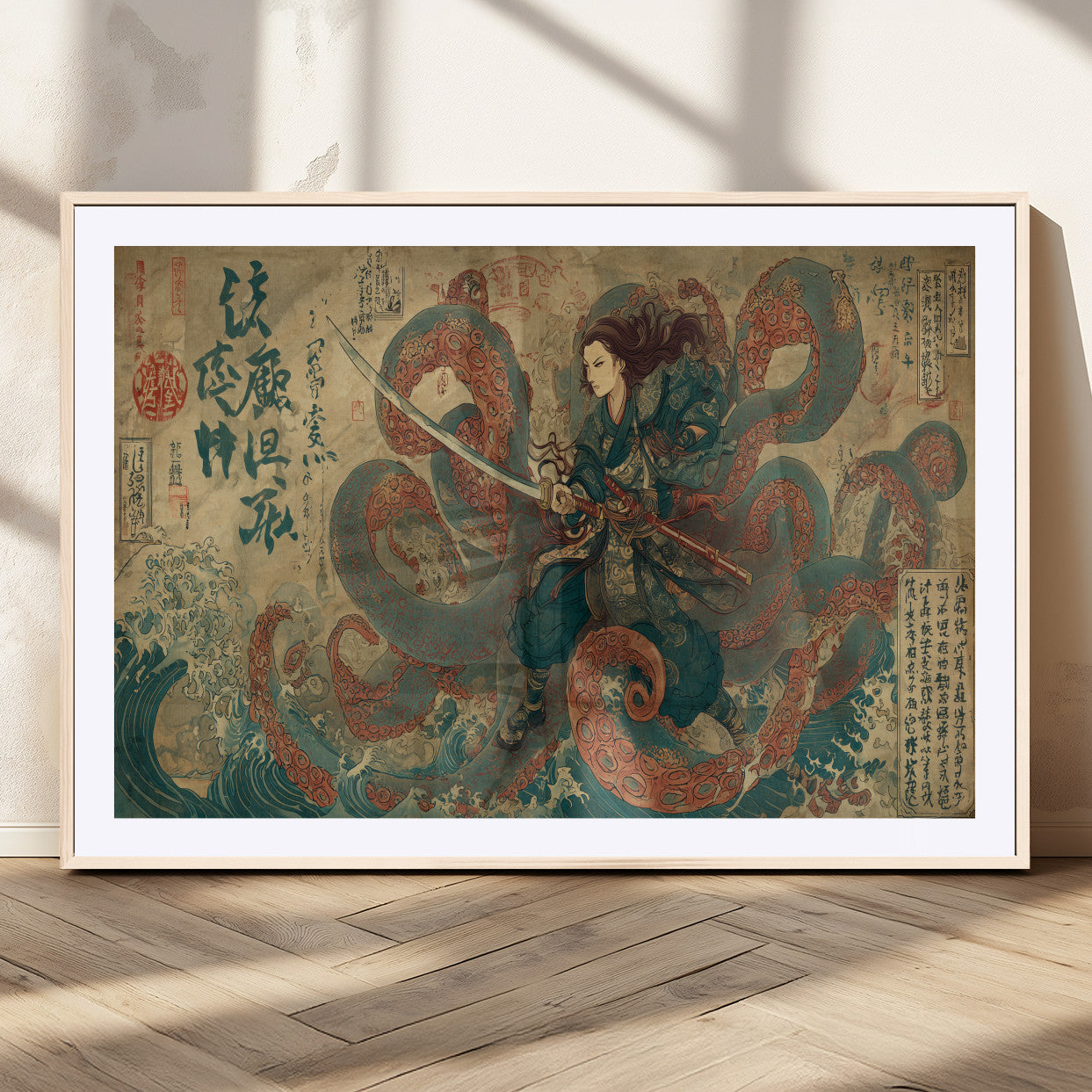 Tsukioka Yoshitoshi Samurai Wall Art Print, Japanese Katana Warrior Canvas Wall Art, Octopus Sea Monster Canvas Print,