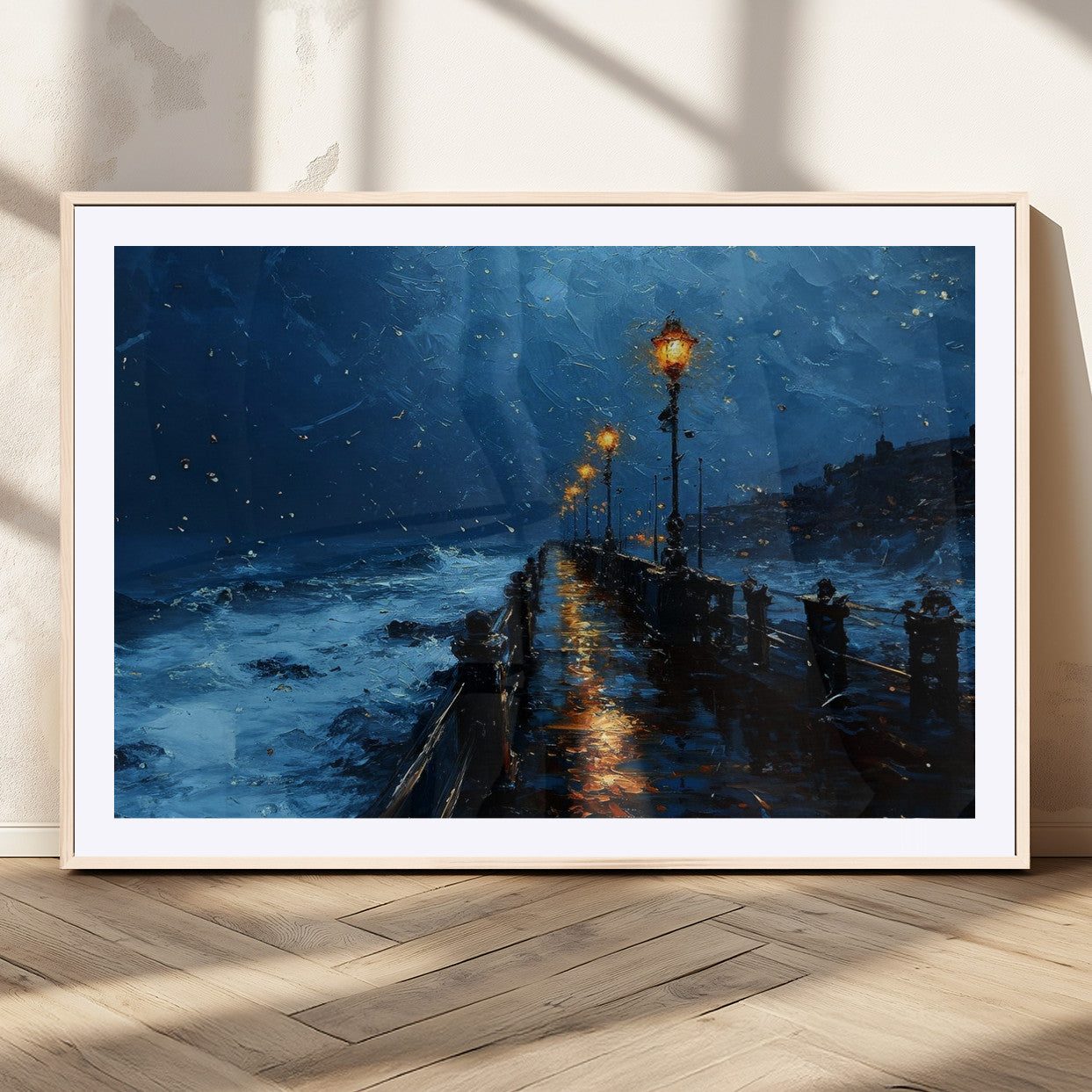"Impressionistic painting of a rainy pier at night with glowing street lamps reflecting on the wet surface, ocean waves crashing under a dark blue sky."