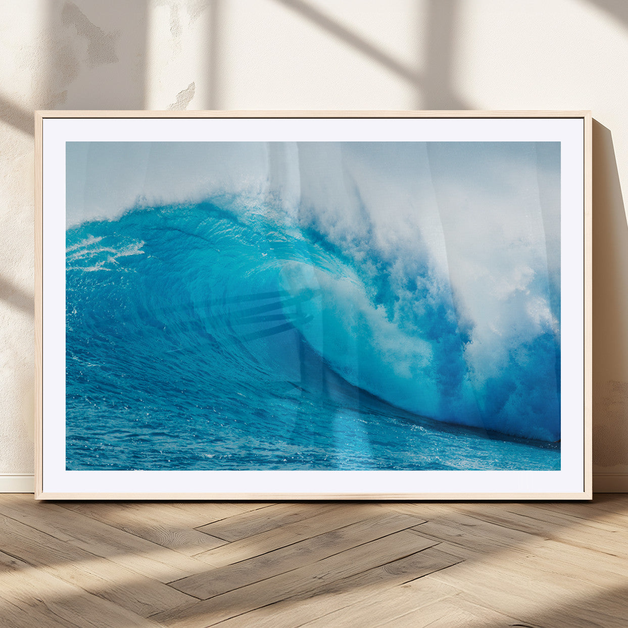 Vibrant canvas of a powerful curling ocean wave in tropical blue tones, perfect for coastal or surf-inspired decor settings.
