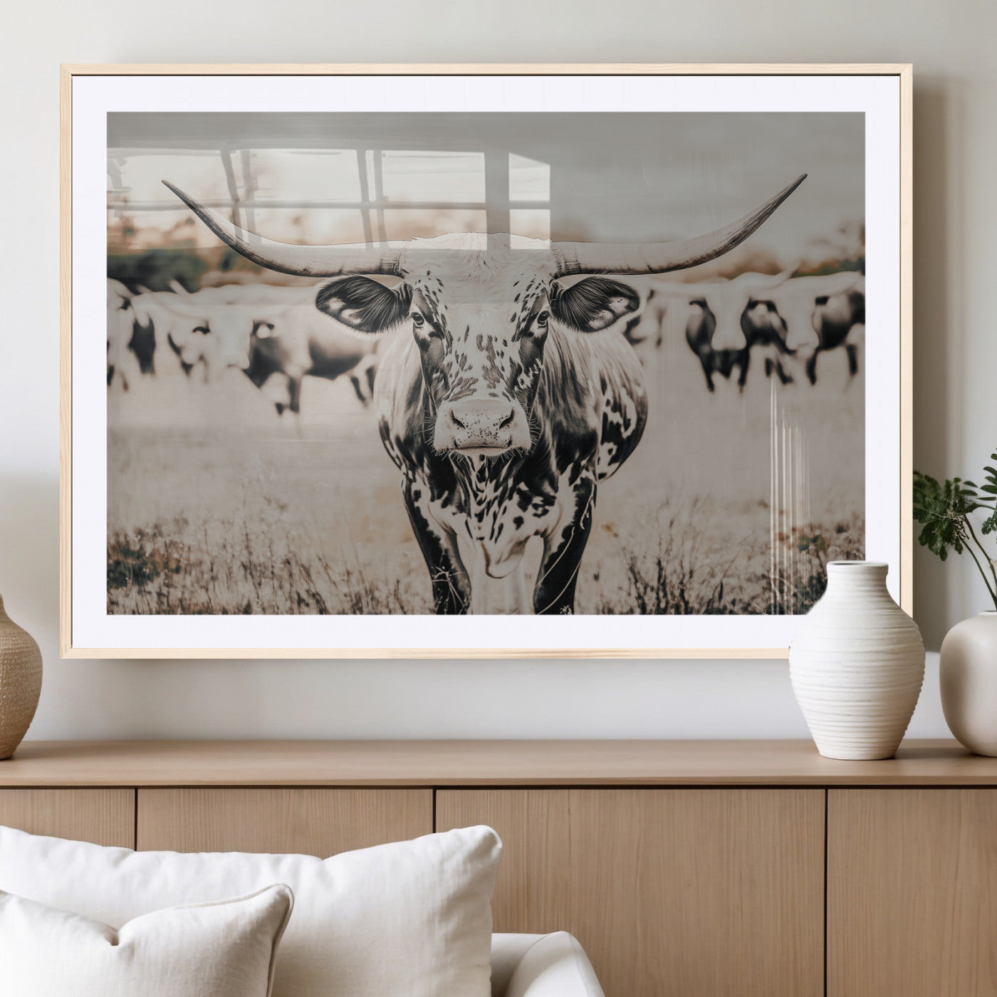Canvas of a speckled Texas longhorn standing boldly in a field with a herd behind, perfect for rustic western or farmhouse wall decor.