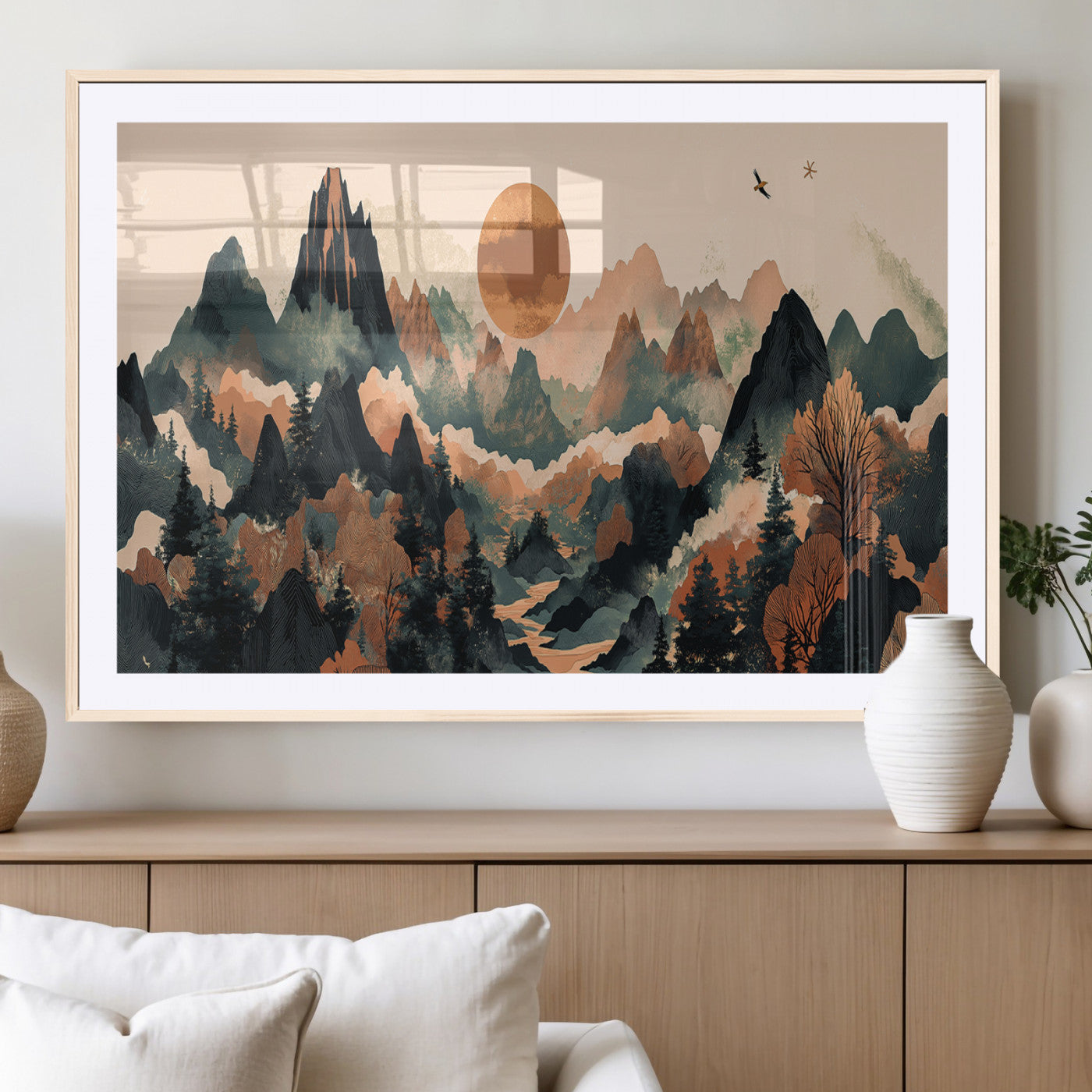 Mountain Landscape Wall Art Print - Sunset Hills Canvas Print, featuring an abstract nature scene with earthy tones and misty peaks, perfect for boho and modern decor.