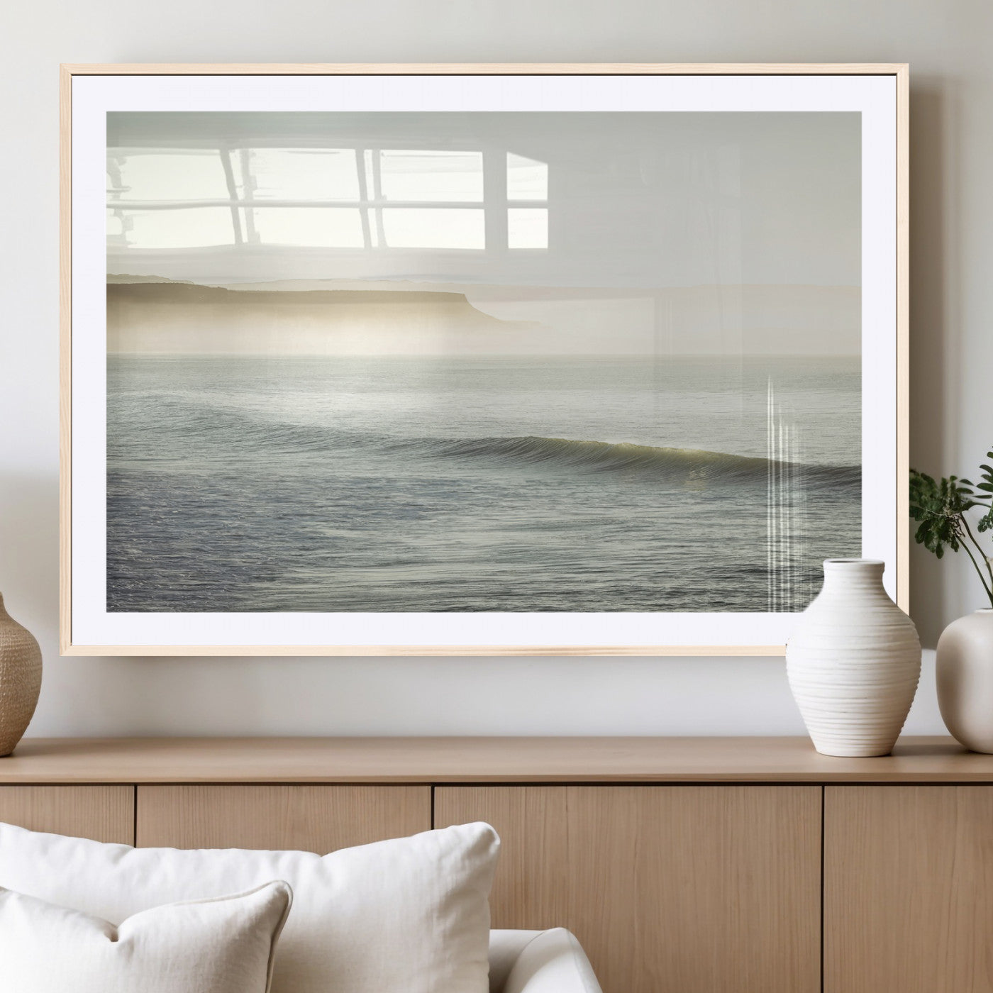 Canvas of a misty ocean scene with coastal cliffs and soft neutral tones, ideal for Scandinavian coastal or minimalist nature-inspired home decor.