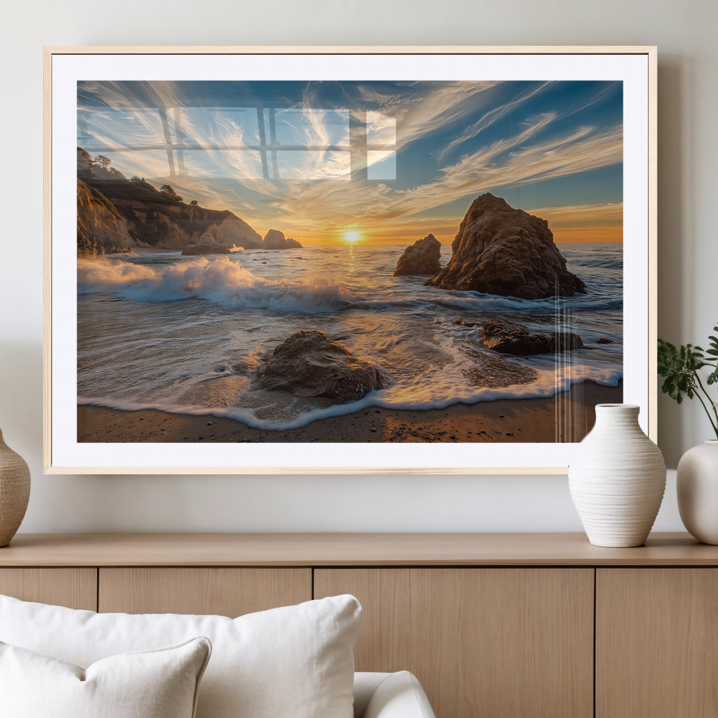 Rocky Ocean Sunset Wall Art Print, Seaside Canvas Wall Art, Dramatic Seascape Canvas Print for Coastal Modern Decor, Ocean Sunset Art Printing