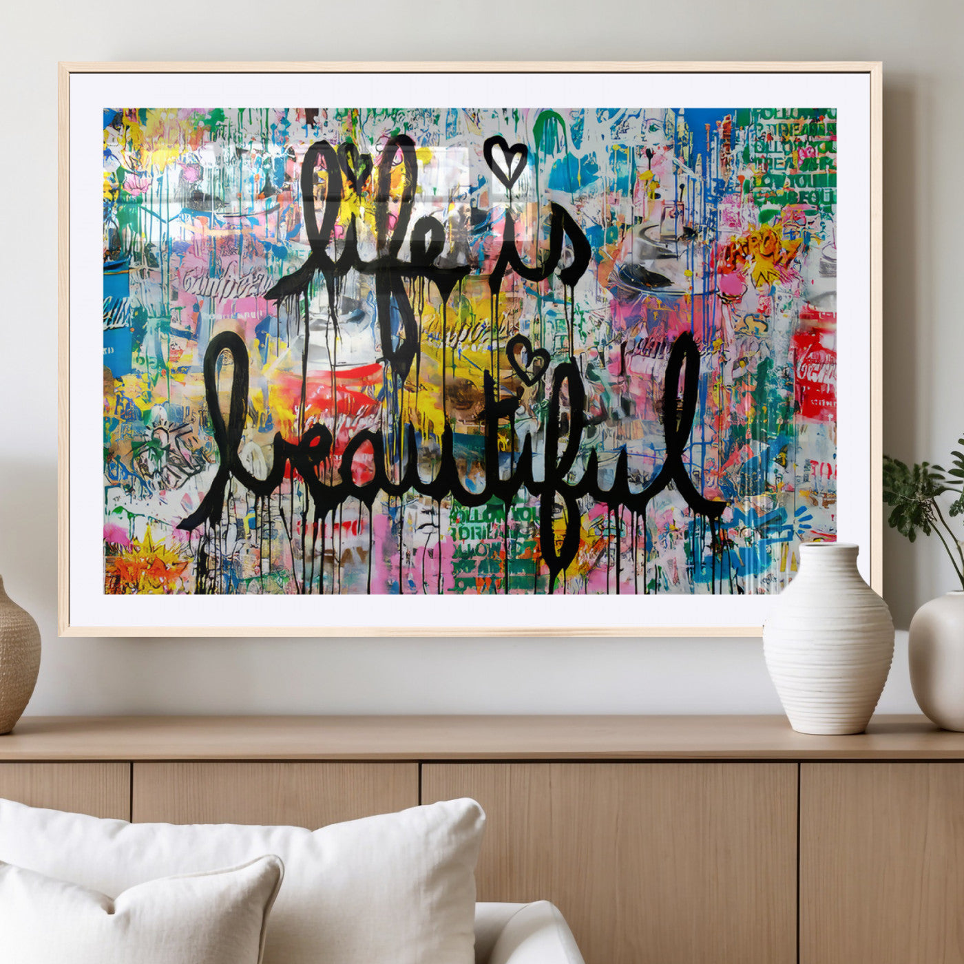 Colorful urban-style canvas with graffiti text “Life is Beautiful” in black paint, ideal for bold or street-themed home decor.