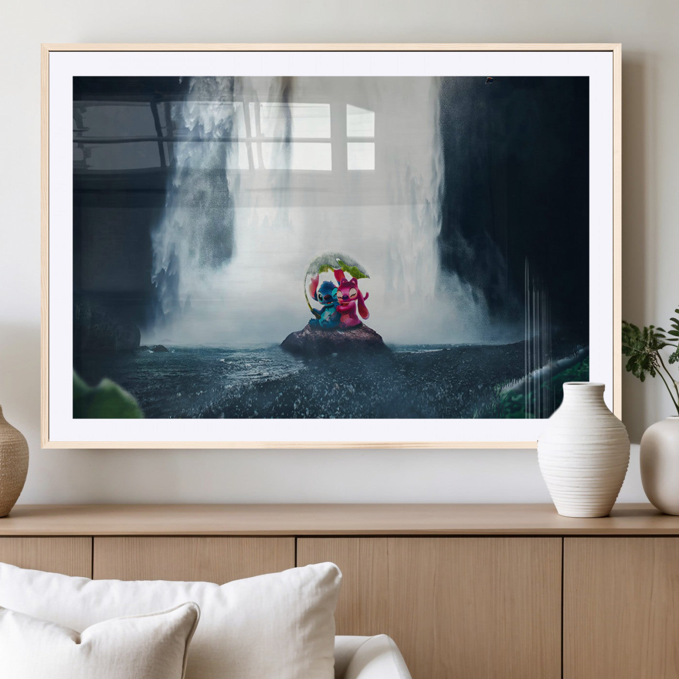 Fantasy canvas of Stitch and Angel under a leaf umbrella in front of a dramatic waterfall, perfect for moody jungle-themed or animated decor.
