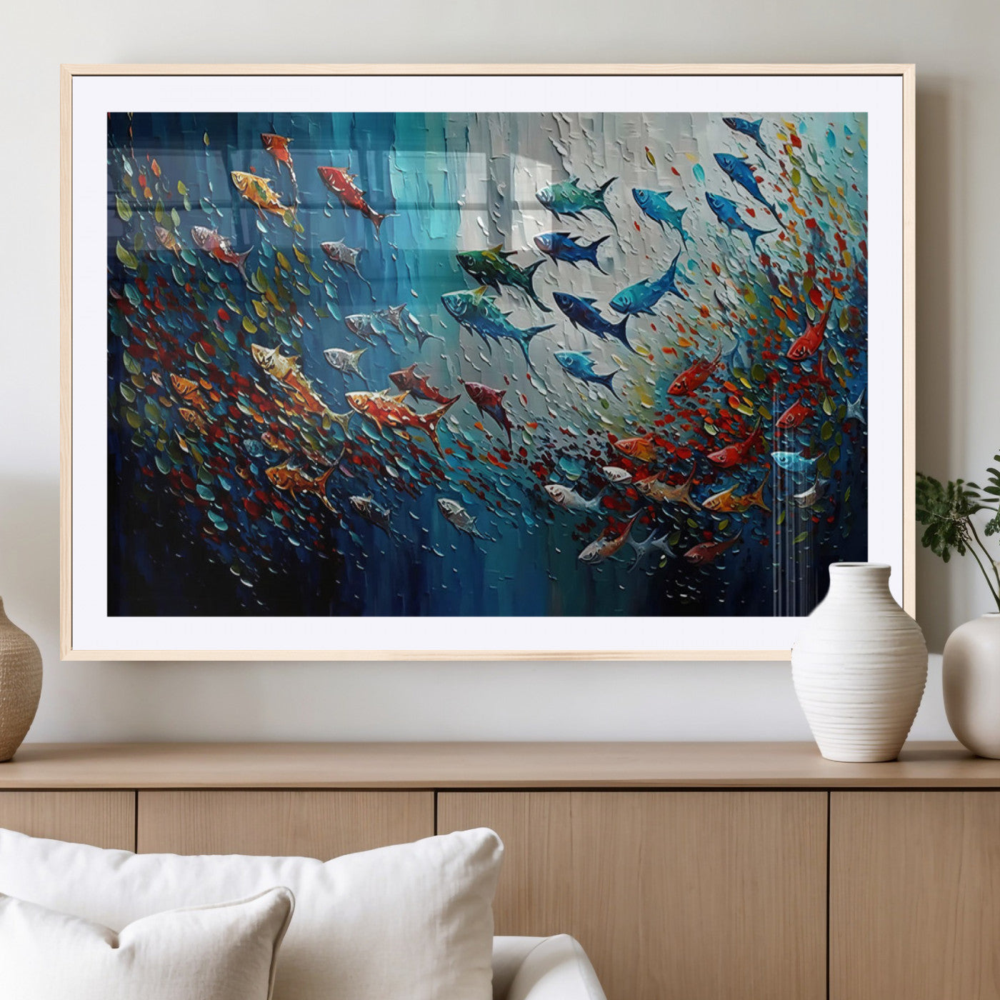 Colorful painting of fish swimming in abstract ocean swirls, perfect for vibrant marine-themed or expressive coastal home decor.