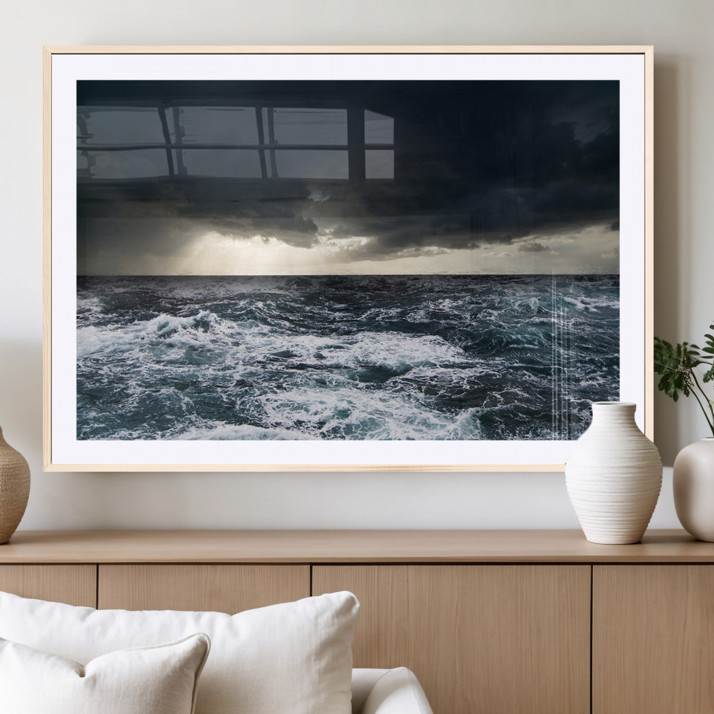 Moody ocean scene with stormy skies and crashing waves, perfect for dramatic or coastal-style home wall decor.