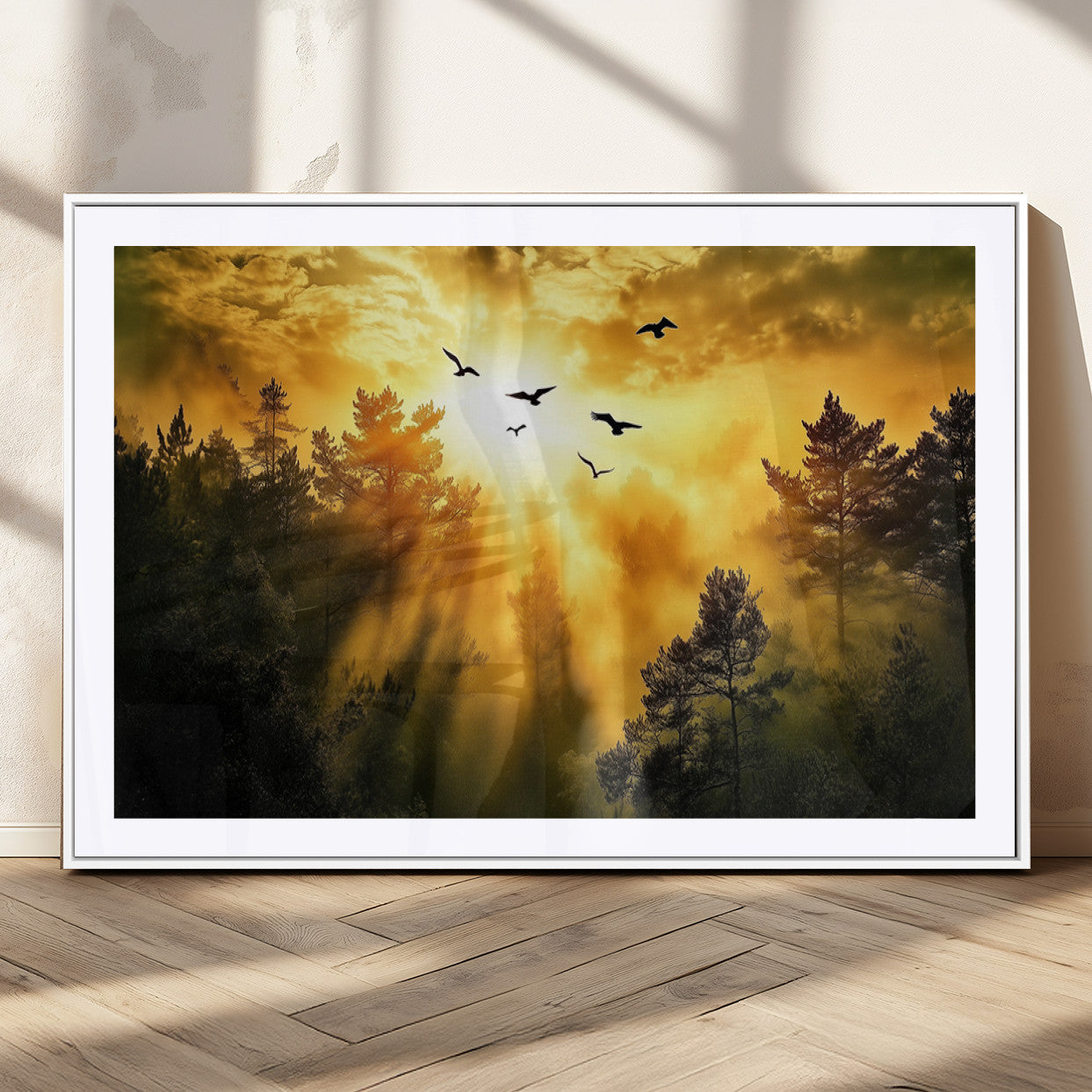 Canvas of a golden forest at sunset with birds flying through glowing sunbeams and silhouetted pine trees, ideal for warm-toned rustic decor.