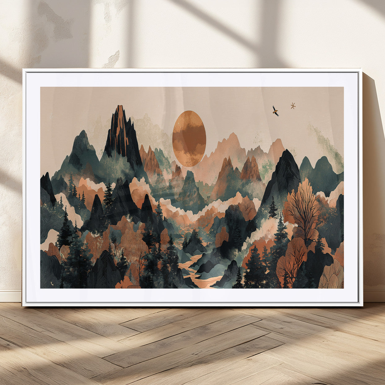 Mountain Landscape Wall Art Print - Sunset Hills Canvas Print, featuring an abstract nature scene with earthy tones and misty peaks, perfect for boho and modern decor.