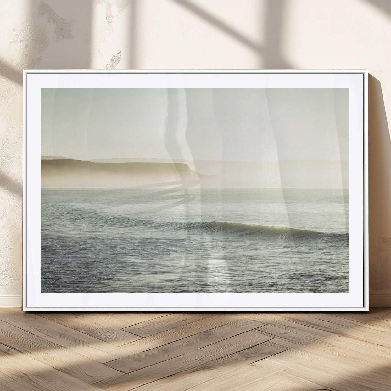 Canvas of a misty ocean scene with coastal cliffs and soft neutral tones, ideal for Scandinavian coastal or minimalist nature-inspired home decor.