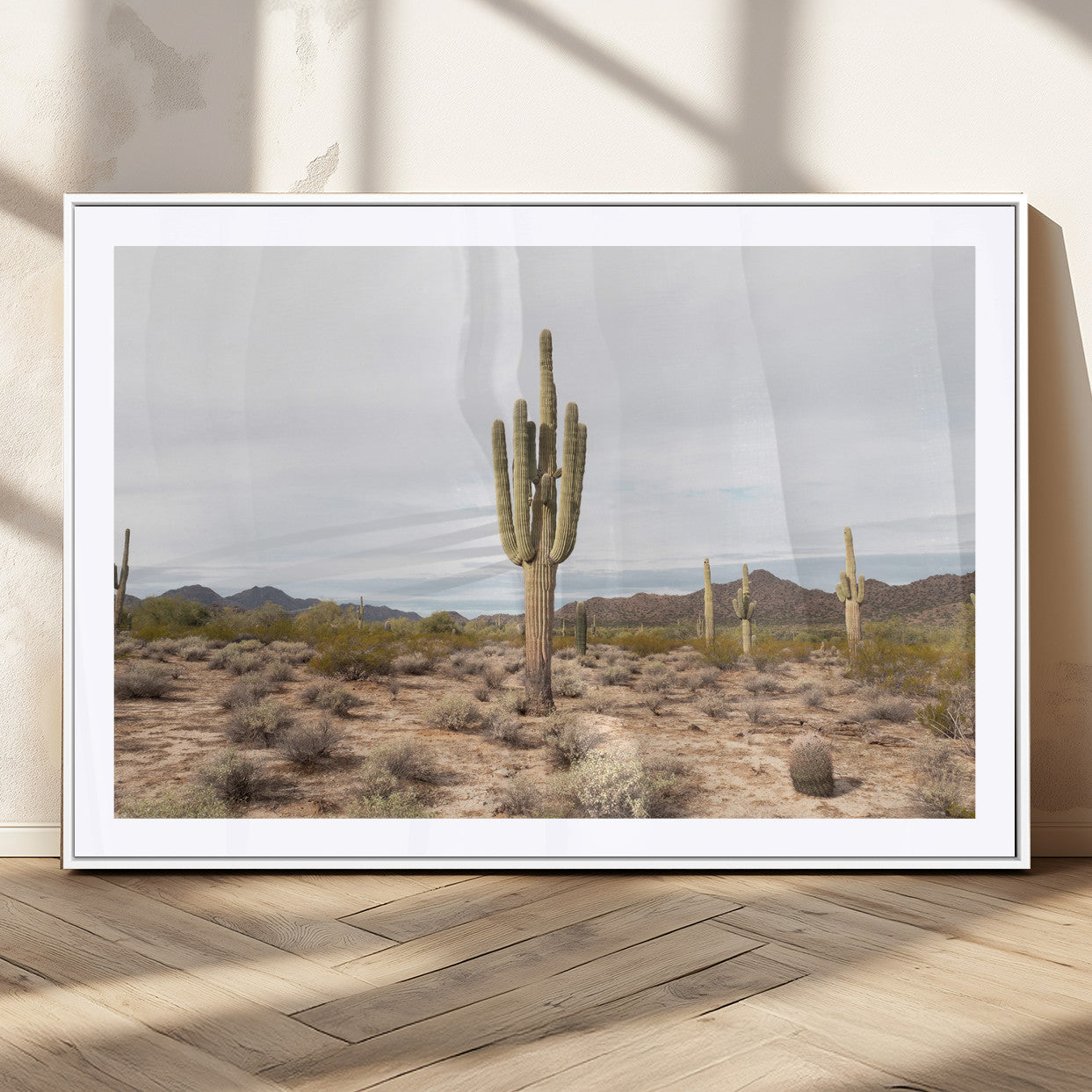 Canvas of a saguaro cactus in an earthy Sonoran desert landscape, ideal for Southwestern Boho or desert minimalism inspired home decor. 2/2