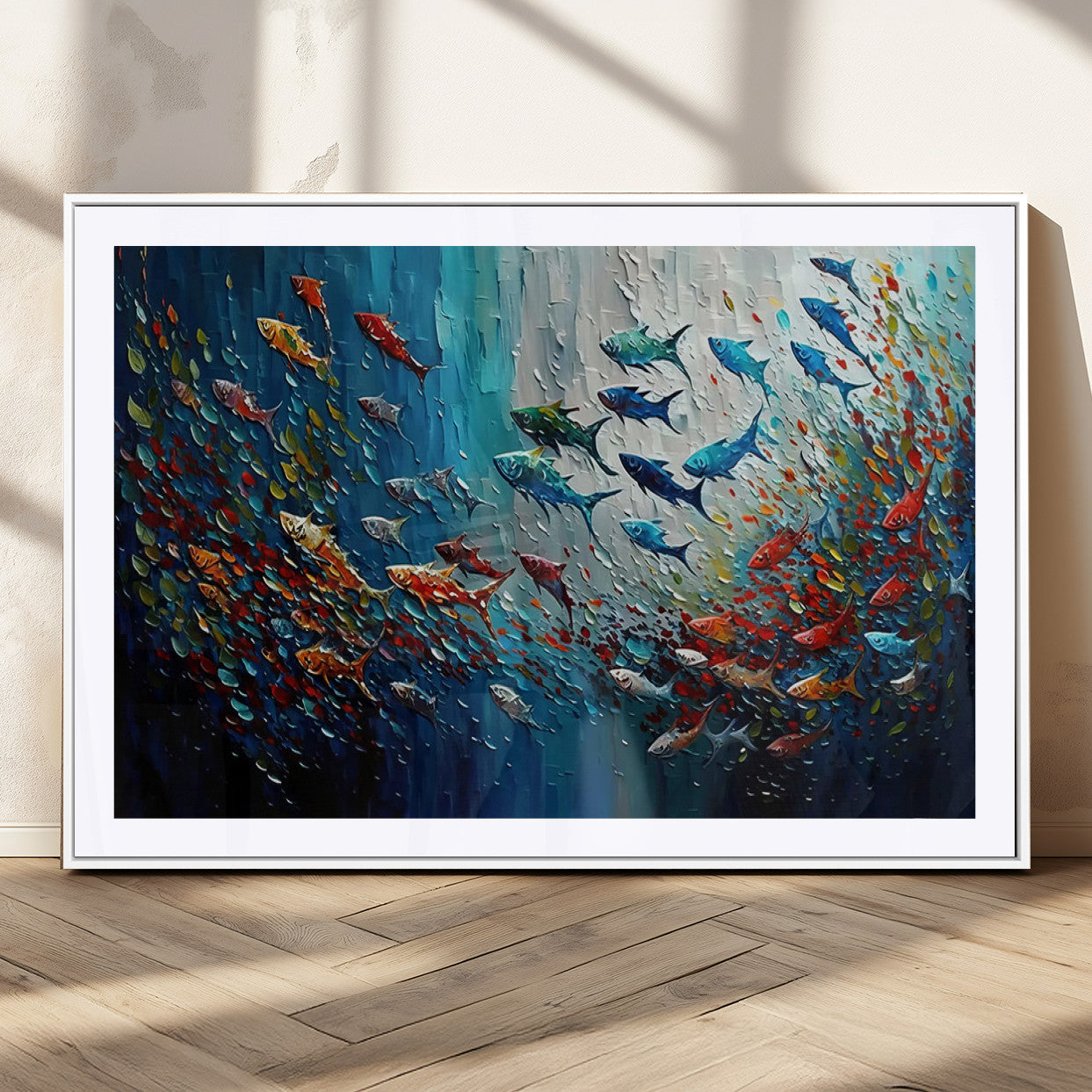 Colorful painting of fish swimming in abstract ocean swirls, perfect for vibrant marine-themed or expressive coastal home decor.