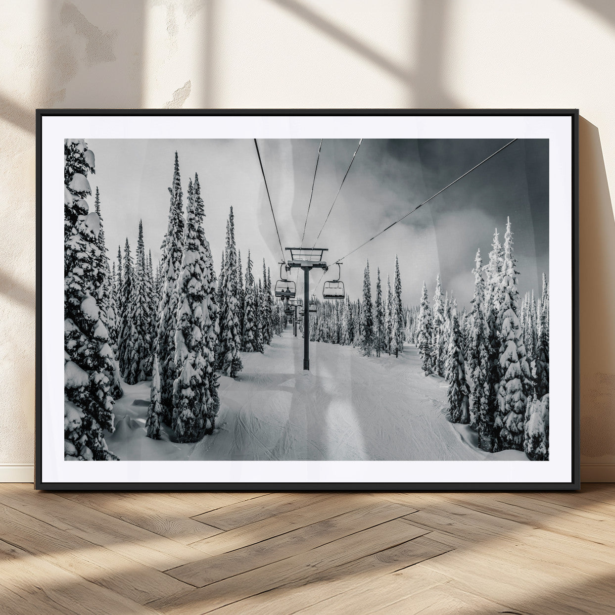 Canvas of a snowy ski lift scene through a forest of tall pine trees, ideal for moody winter or alpine-themed home decor.