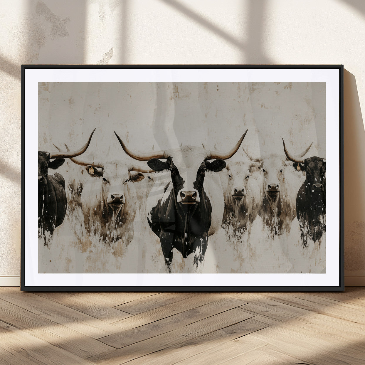Illustrated herd of longhorn cattle in black and white tones with a neutral textured background, perfect for rustic or farmhouse-style decor.