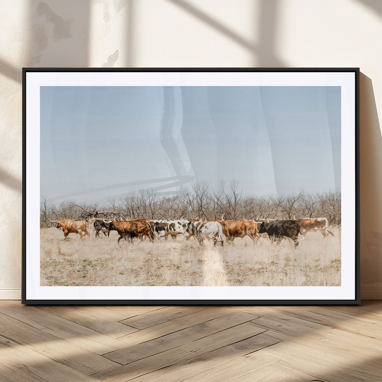 Framed wall art of Texas longhorn cattle walking through a dry, neutral-toned prairie, perfect for rustic farmhouse or western-themed home decor.