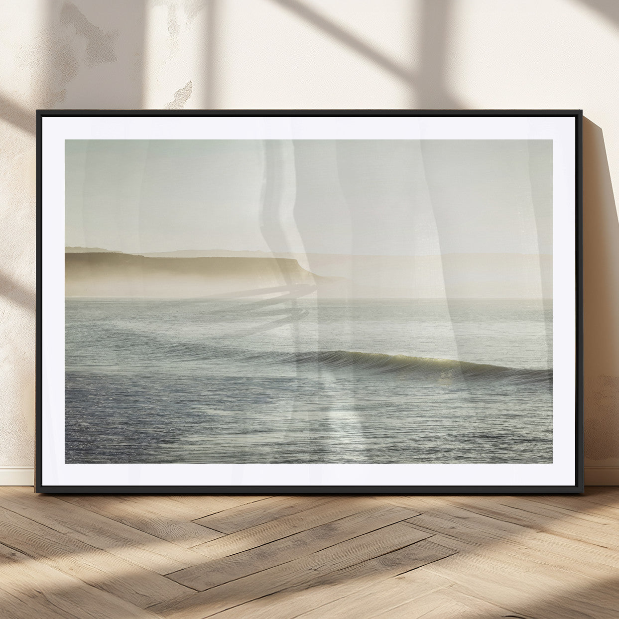 Canvas of a misty ocean scene with coastal cliffs and soft neutral tones, ideal for Scandinavian coastal or minimalist nature-inspired home decor.