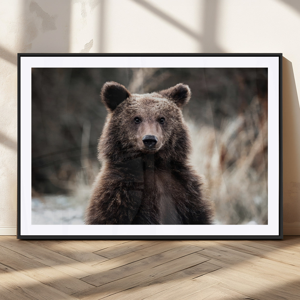 Canvas of a brown bear in soft earthy tones and moody forest light, ideal for rustic cabin or woodland nature-themed home decor.