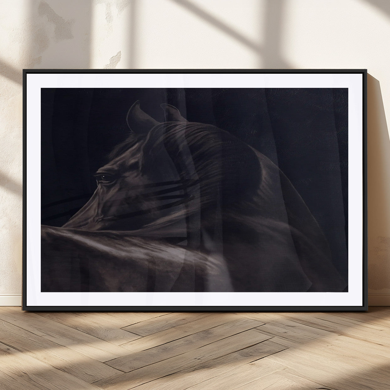 Close-up of a black horse with dramatic lighting on a dark background, perfect for rustic or masculine home decor.