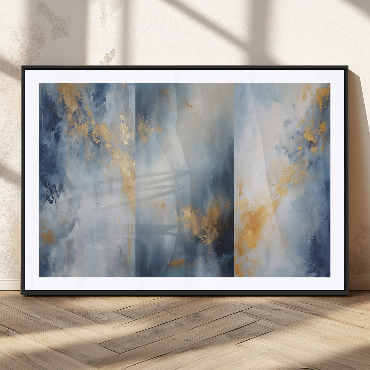 Abstract canvas art in soft blue and gold tones with textured brushstrokes, ideal for elegant or modern neutral decor spaces.