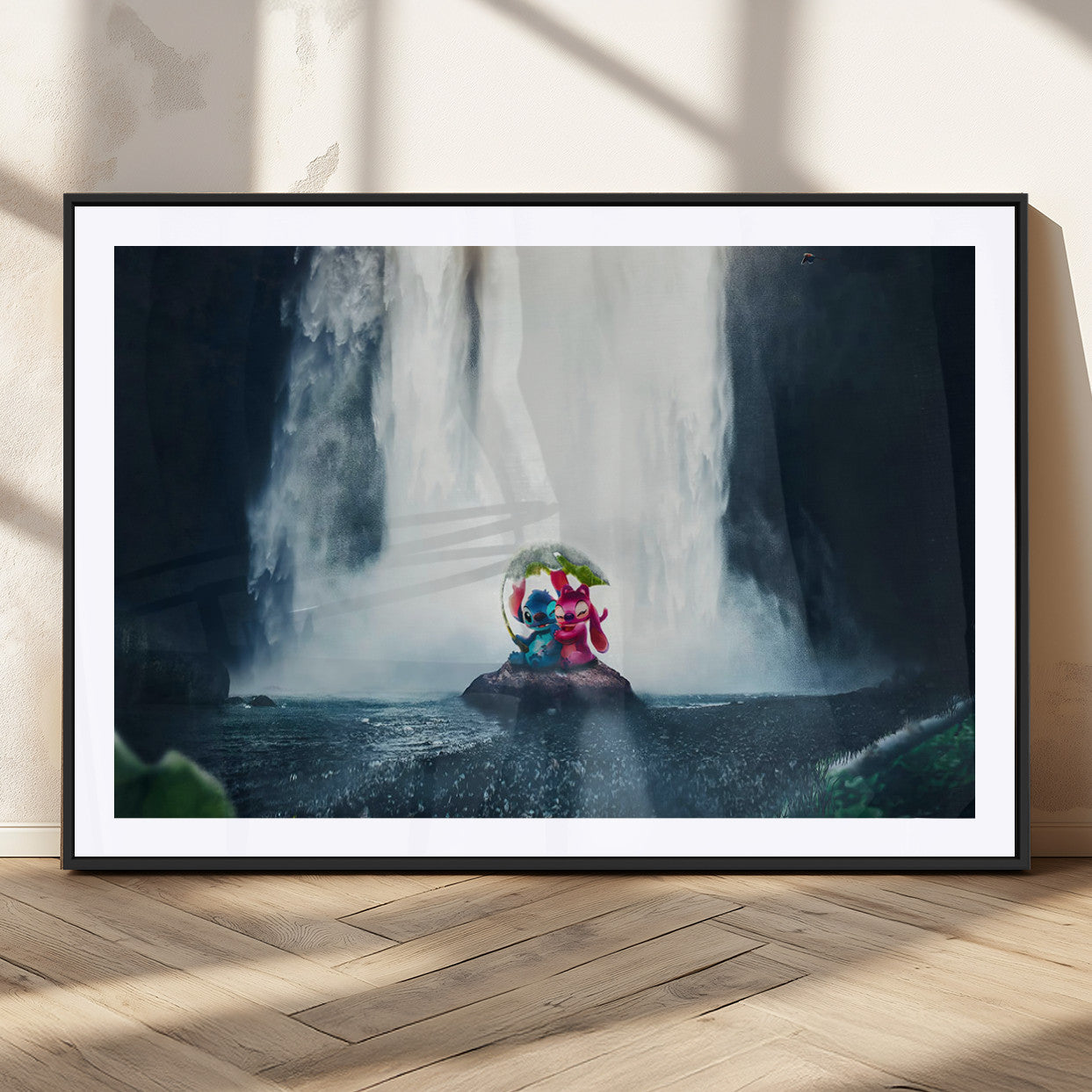 Fantasy canvas of Stitch and Angel under a leaf umbrella in front of a dramatic waterfall, perfect for moody jungle-themed or animated decor.
