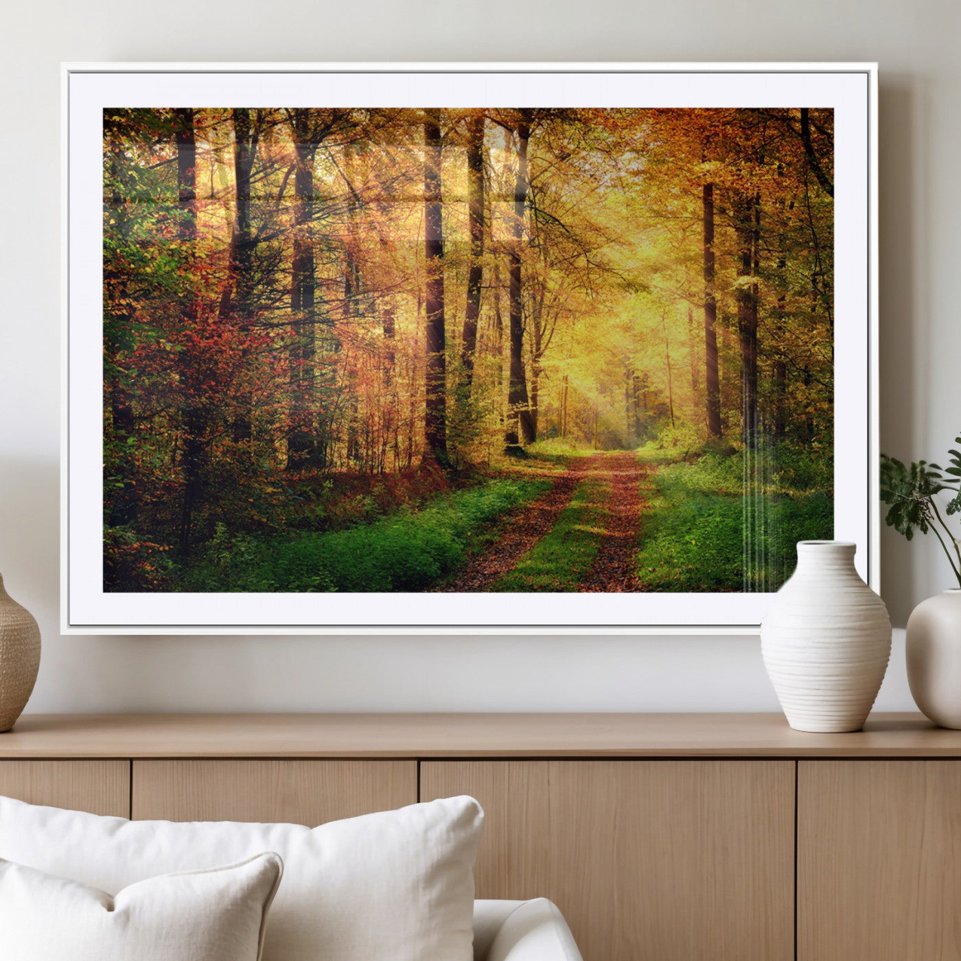 73494-MGV-CV-36X24-Golden Autumn Forest Path Wall Art – Sunlit Woodland Canvas Print, Fall Nature Landscape Home Decor