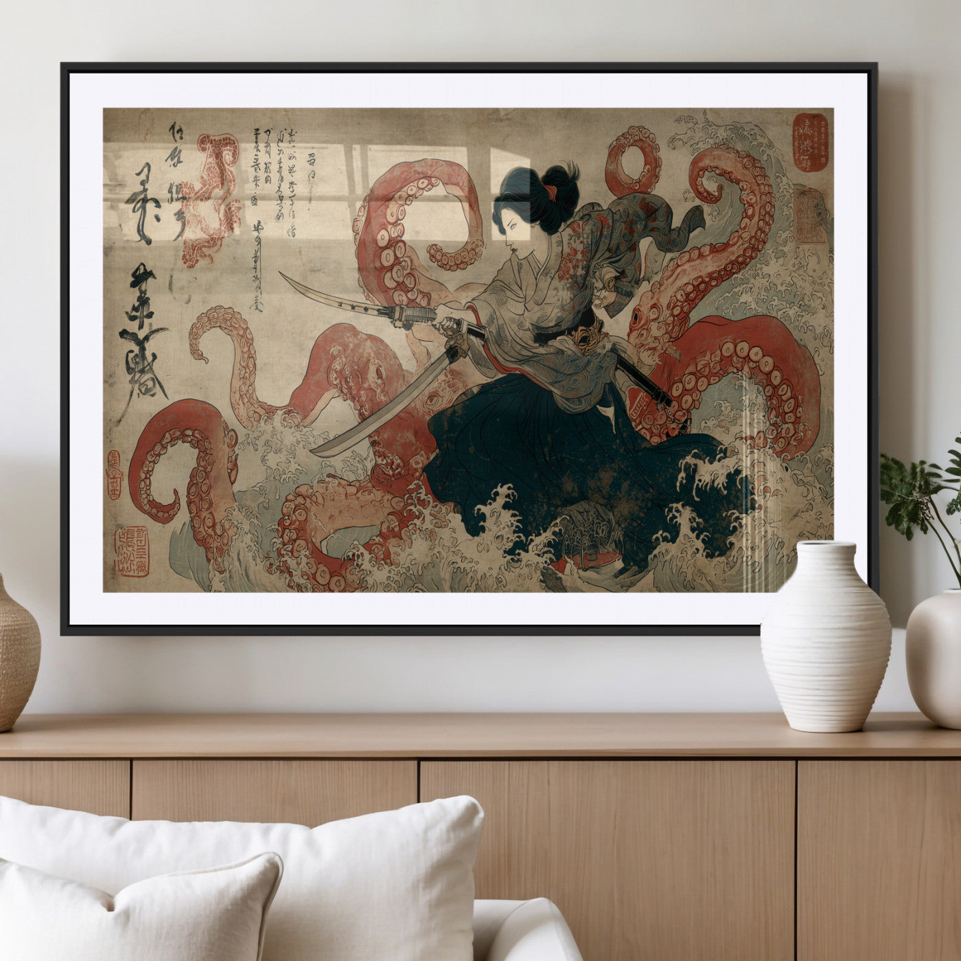 Tsukioka Yoshitoshi Samurai Wall Art Print, Japanese Katana Warrior Canvas Wall Art, Octopus Sea Monster Canvas Print,
