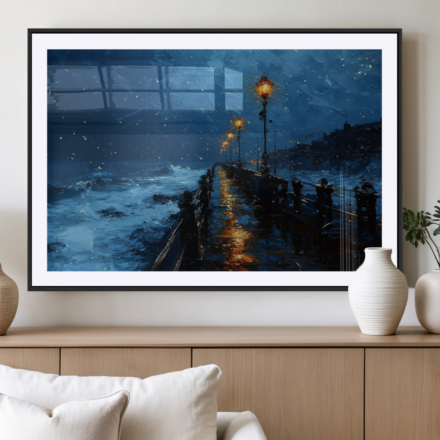 "Impressionistic painting of a rainy pier at night with glowing street lamps reflecting on the wet surface, ocean waves crashing under a dark blue sky."