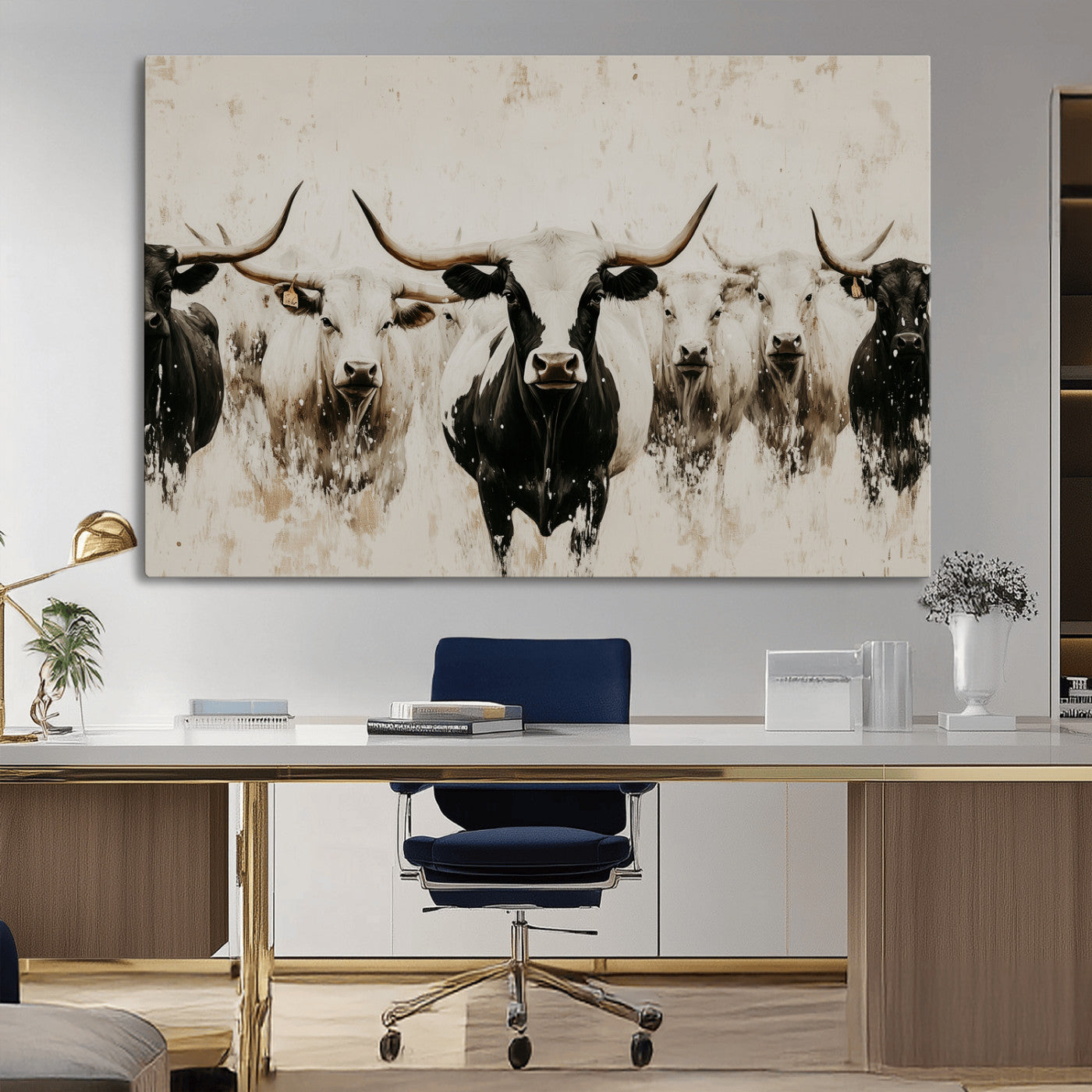 Illustrated herd of longhorn cattle in black and white tones with a neutral textured background, perfect for rustic or farmhouse-style decor.