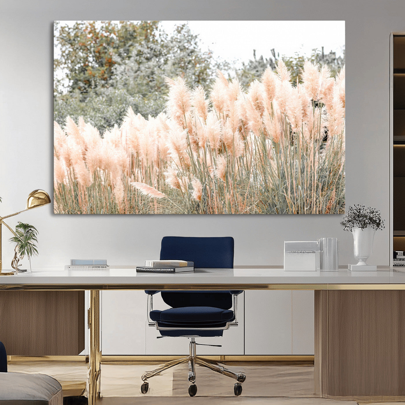 Soft pastel pampas grasses in a natural setting, ideal for neutral boho or rustic botanical-style interior wall decoration.