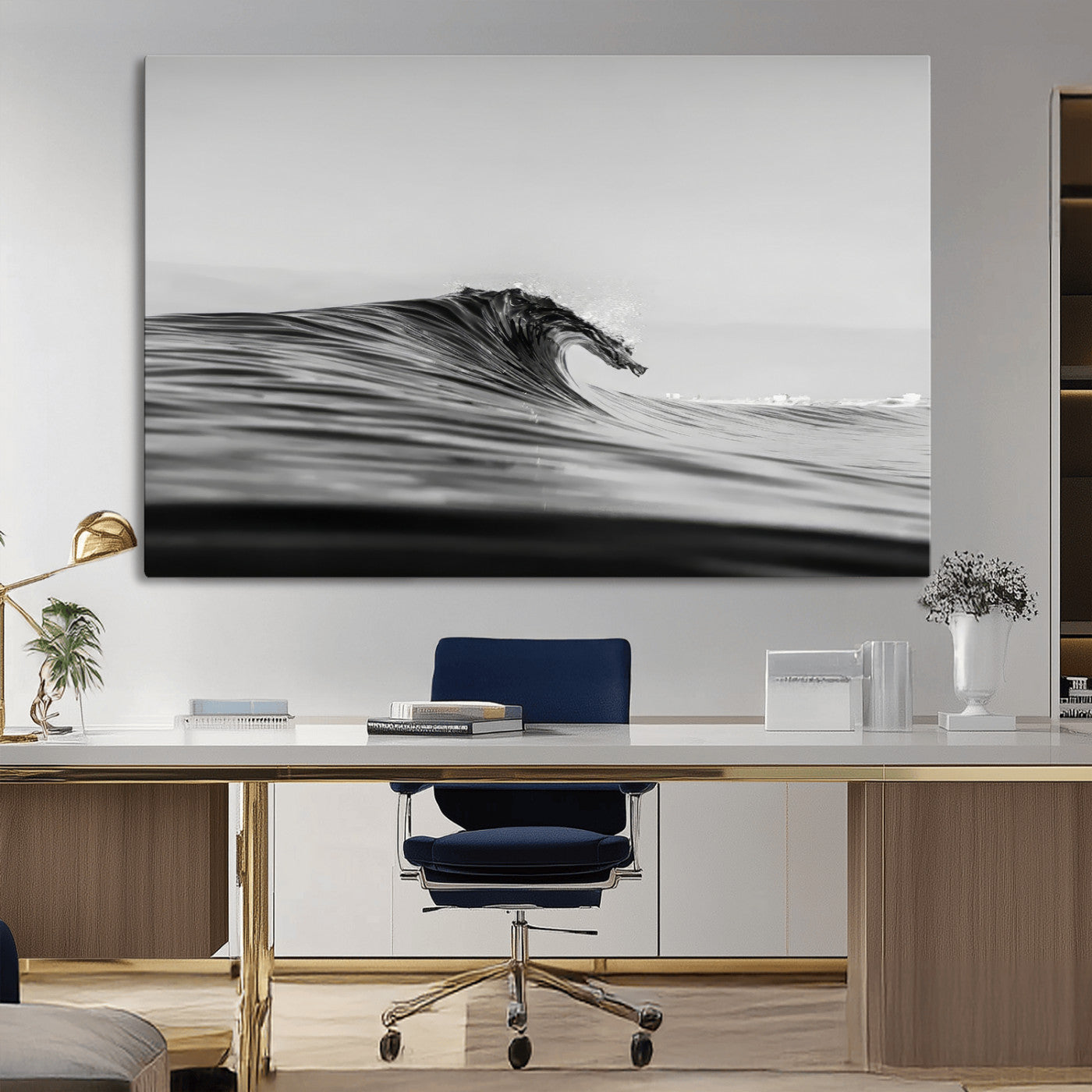 Striking black and white photo of a curling wave, ideal for modern coastal or minimalist wall decor settings.
