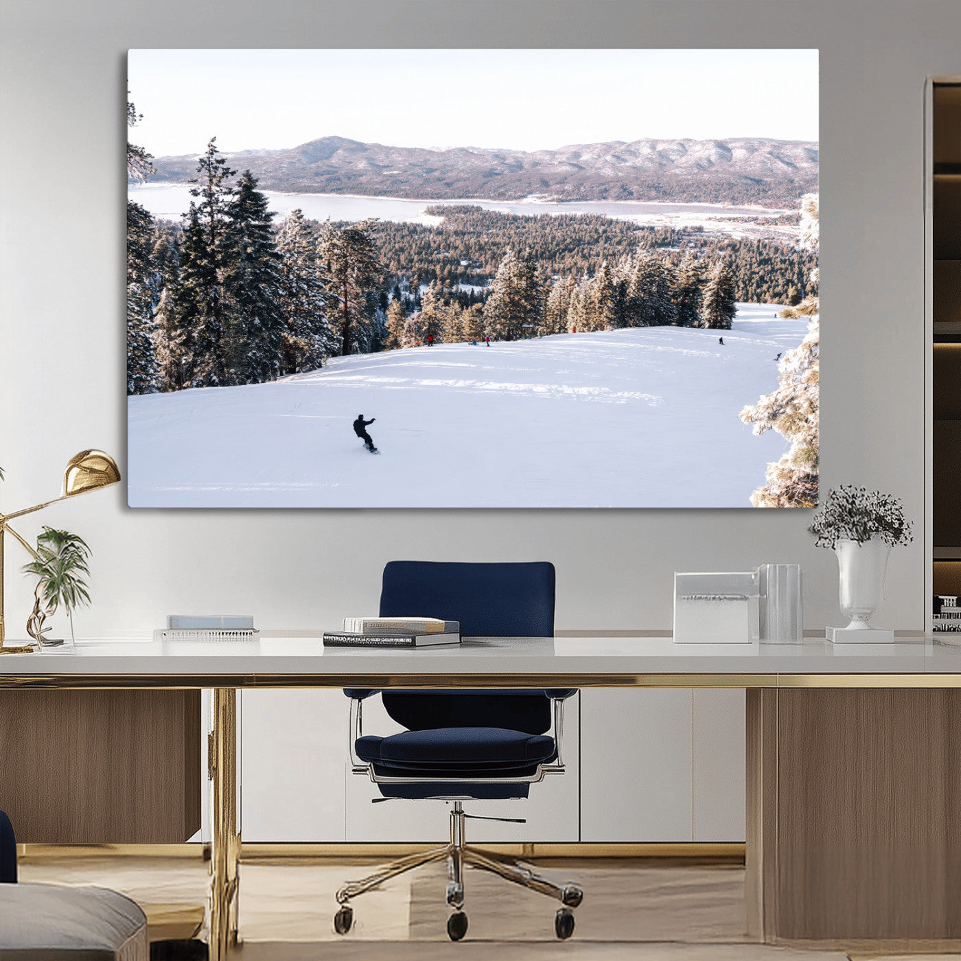 Canvas of a snowy mountain ski slope with pine trees and bright winter light, ideal for modern rustic or alpine-inspired home decor.