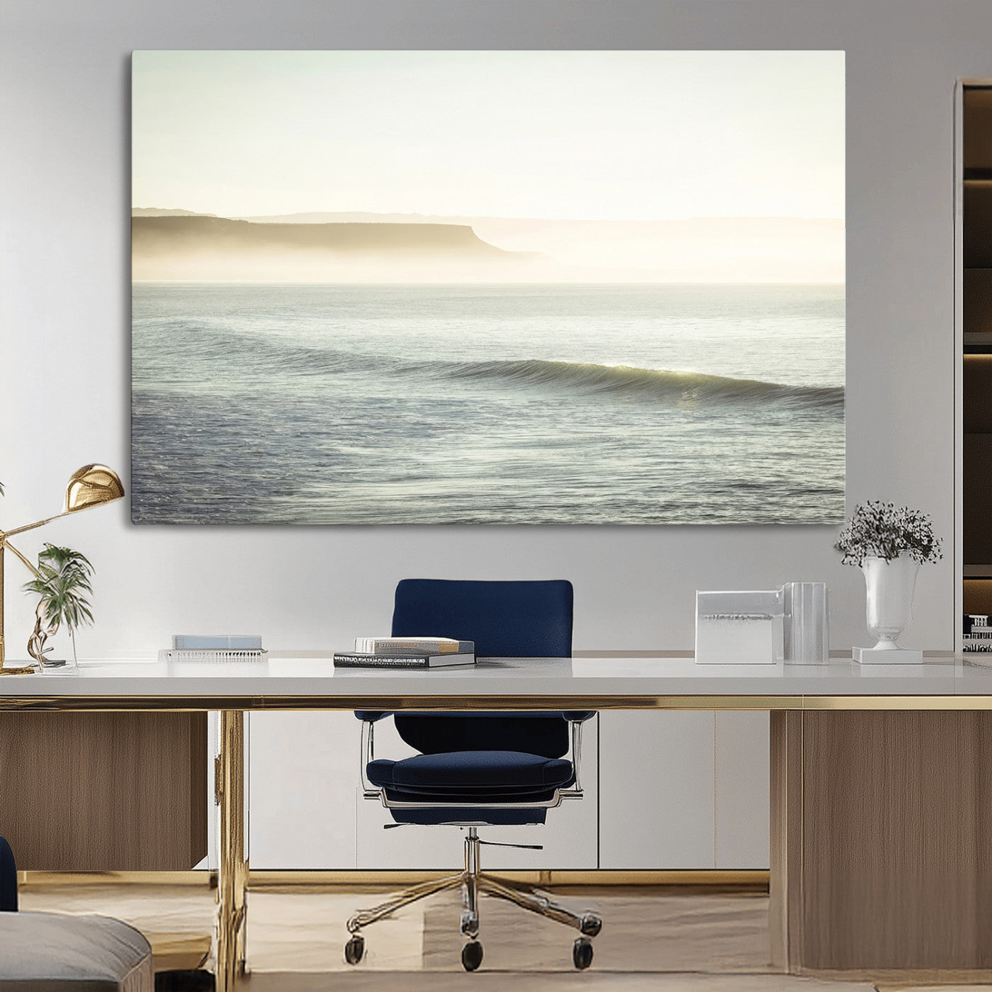 Canvas of a misty ocean scene with coastal cliffs and soft neutral tones, ideal for Scandinavian coastal or minimalist nature-inspired home decor.