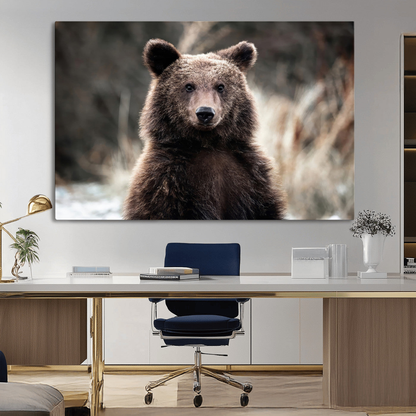 Canvas of a brown bear in soft earthy tones and moody forest light, ideal for rustic cabin or woodland nature-themed home decor.