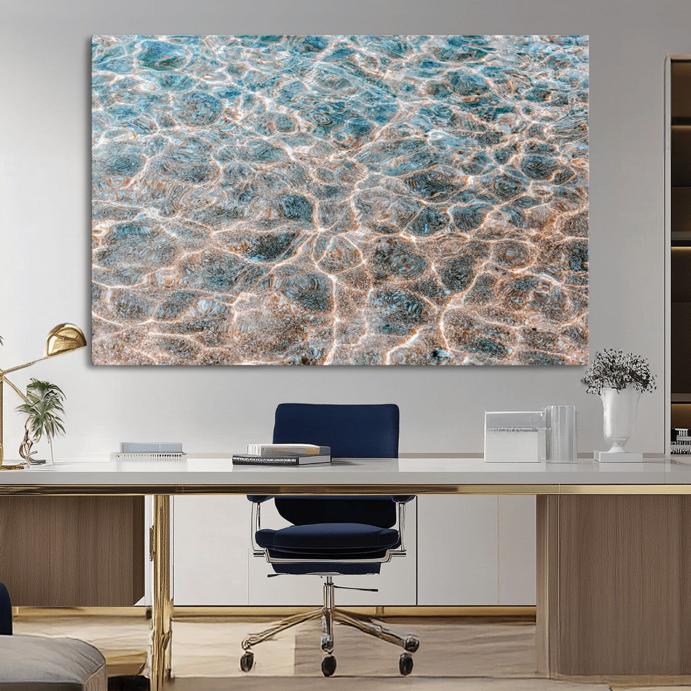Close-up of sunlit ocean ripples with aqua blue and golden tones, ideal for modern coastal or minimalist home decor.