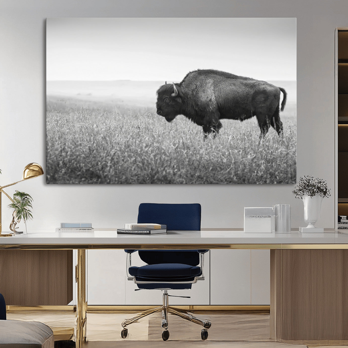 A black and white photograph of a majestic bison standing in a vast grassy prairie, evoking a sense of wilderness and strength.