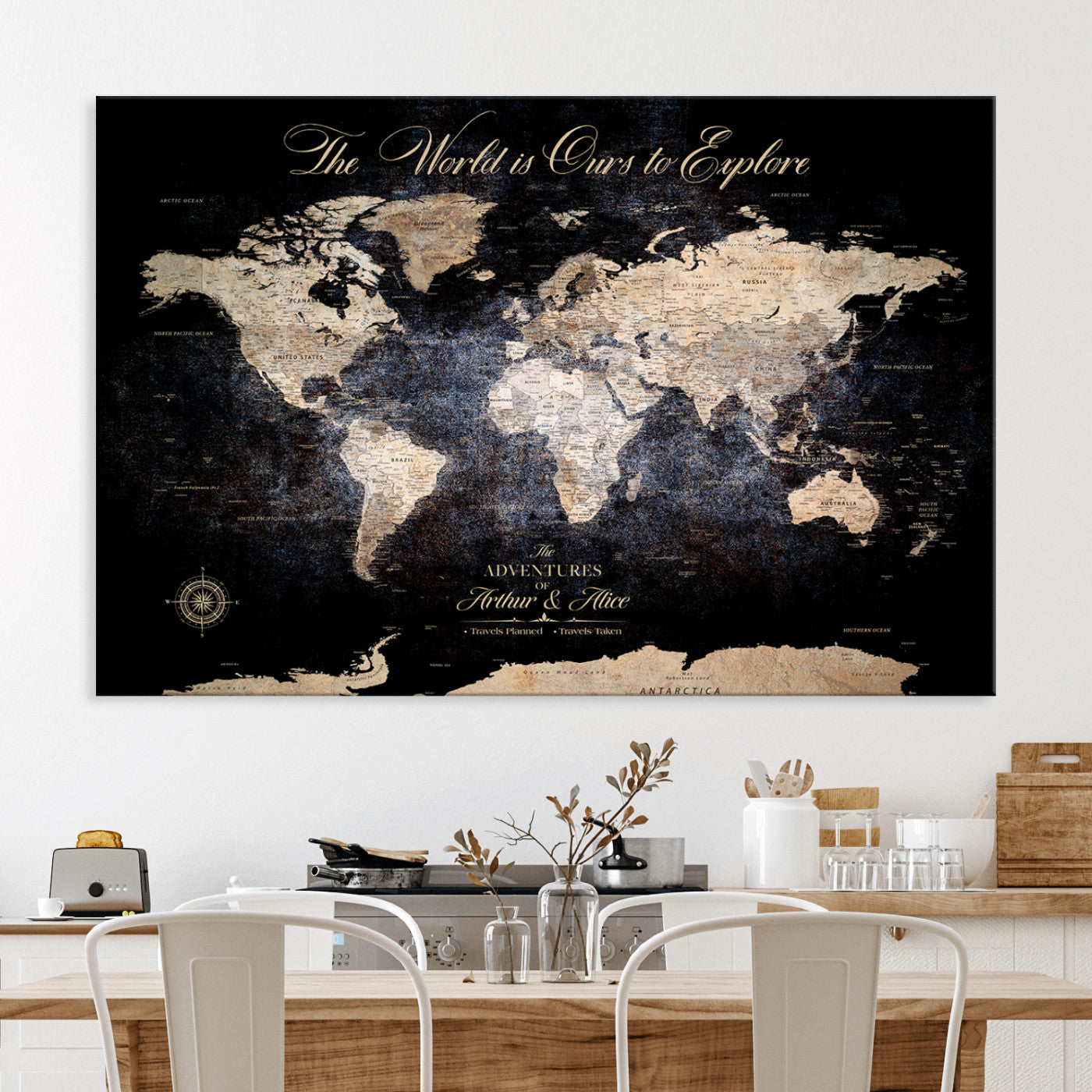 '-Customize Push Pin World Map Wall Canvas Print, Personalized Travel Tracker with Pins, Framed Large Canvas for Home Office Decor - H37