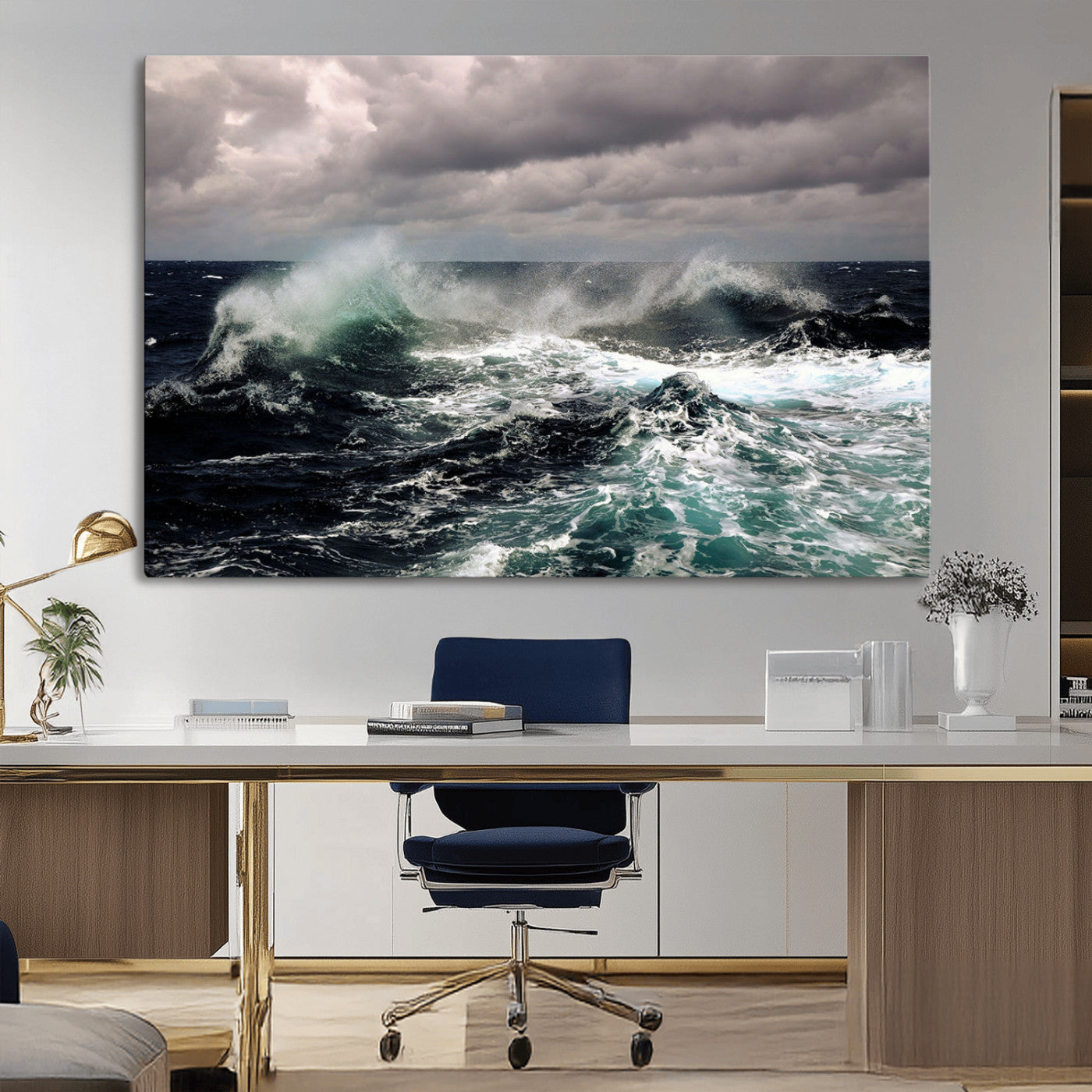 Powerful ocean waves crashing under stormy skies, creating a dynamic and intense seascape.
